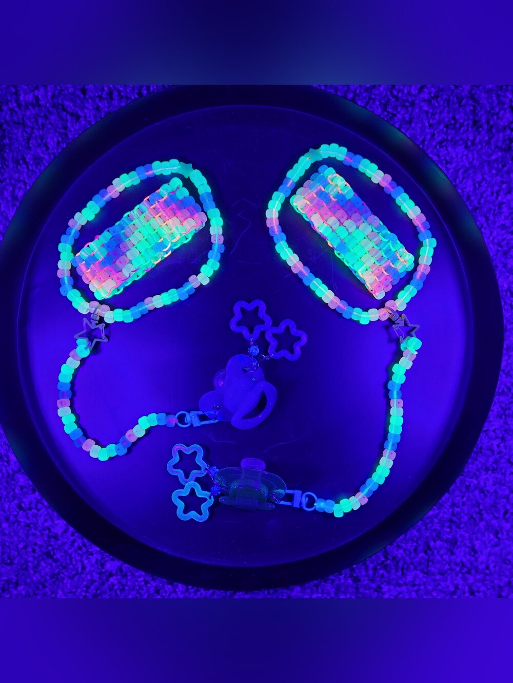 Rave 6pc glow rainbow cuff choker earrings binky & cord  (kandi sour patch)